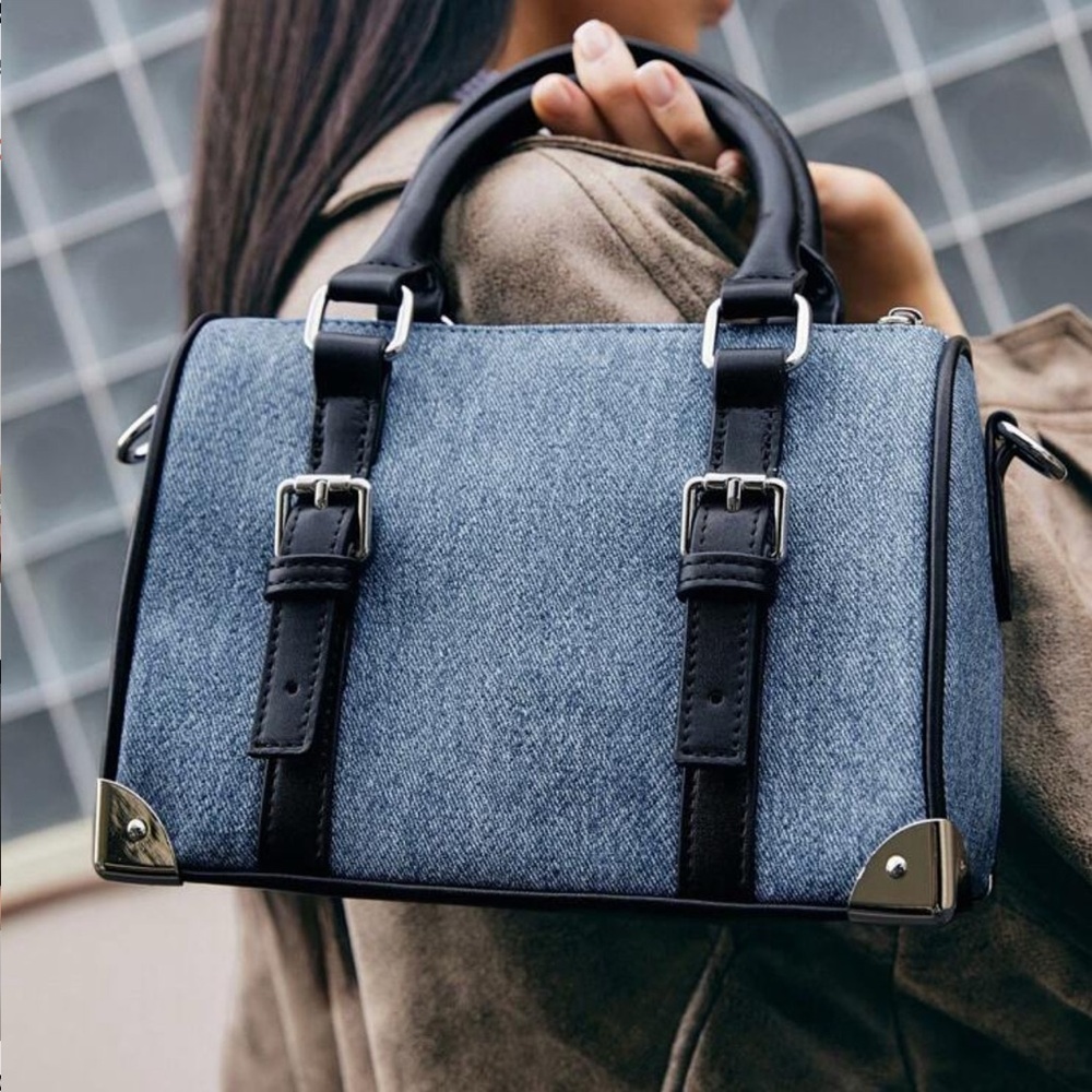 Stylish Denim and Black Handbag